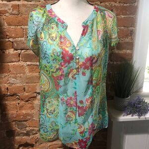 ANTHROPOLOGIE FIG & FLOWER TOP WOMENS PETITE M FLORAL BOTANICAL MULTICOLOR